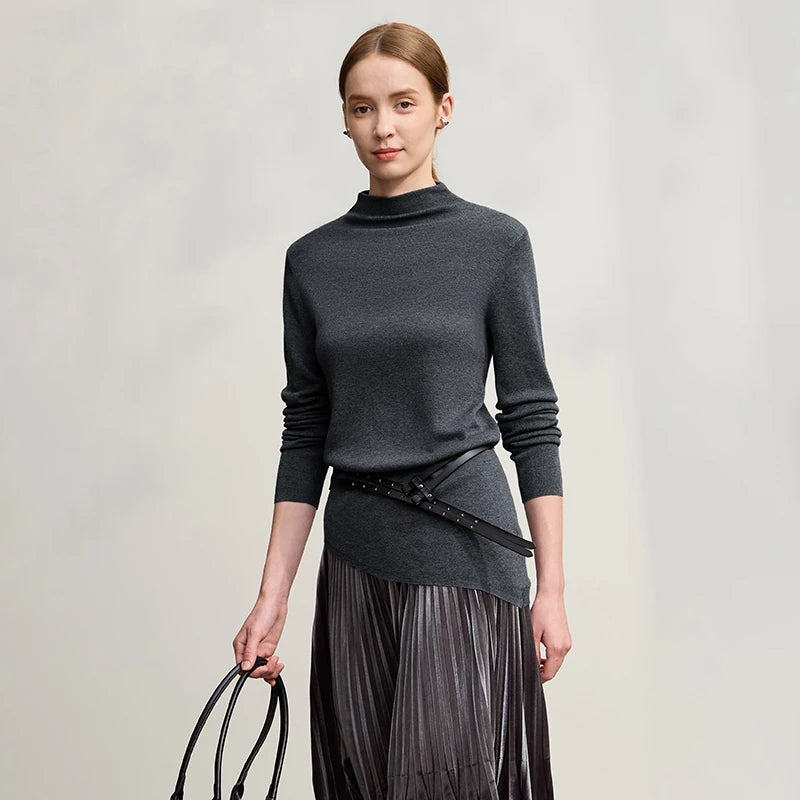 Amii Woman Sweater 2026 Winter New Casual Versatile Semi-turtleneck Sweater Asymmetrical Pullover Knitted Top Women 12524129