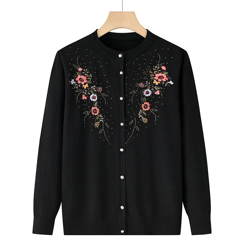 Middle-aged And Elderly Women's Embroidery Knit Cardigan Jacket Single-breasted Slim Sweater Coat Spring Autumn Grandma Clothing