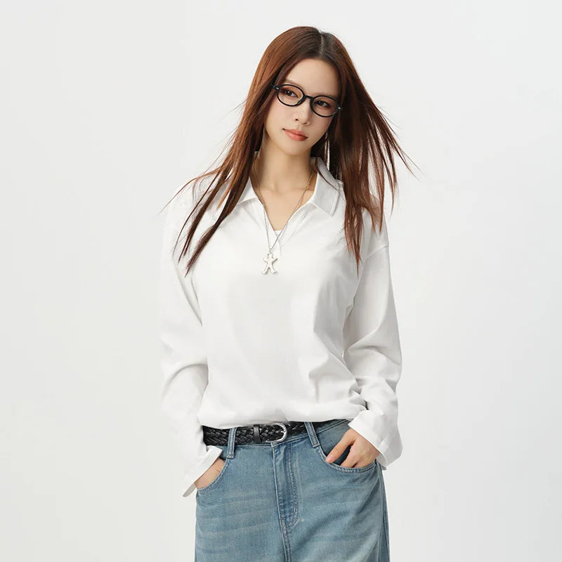 Semir Women Polo Shirt White Long Sleeve Loose Printed Minimalist Lazy Versatile Pullover 2026 Summer Top