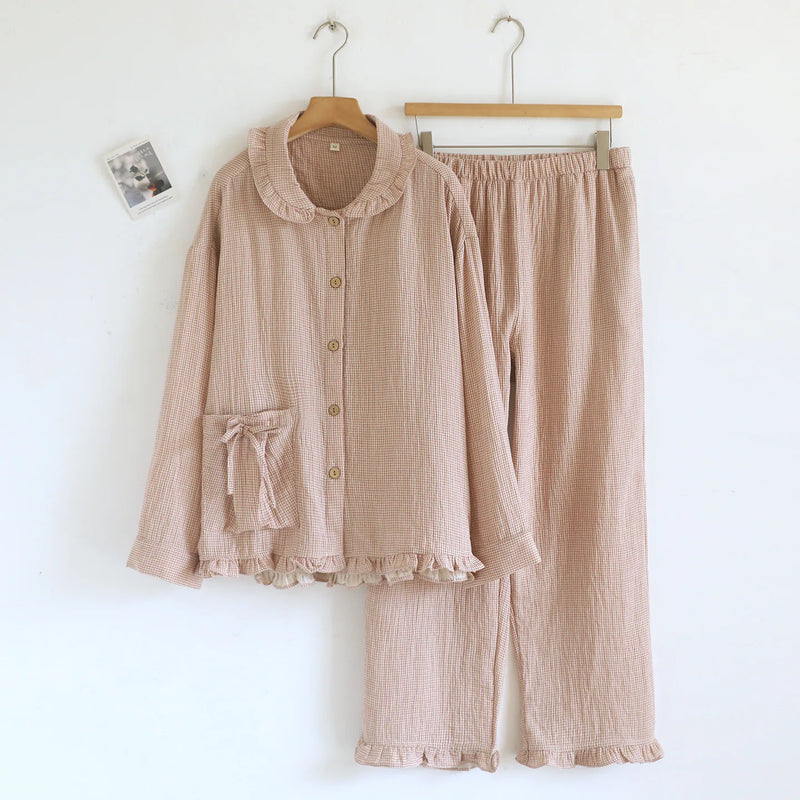 Pure Cotton Plaid Long-Sleeved Pyjamas Women's Loungewear Suit Spring Autumn Home Clothes Comfortable Sleepwear Soft Pajamas