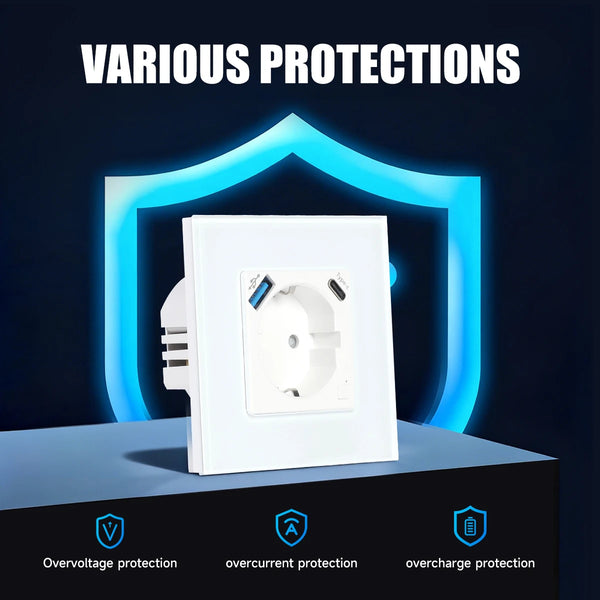 រន្ធដោត Wifi GEYA EU ជាមួយចំណុចប្រទាក់ USB ប្រភេទ C 20W រន្ធសាកថ្មលឿន គាំទ្រ Tuya Smart Life Alexa App 16A