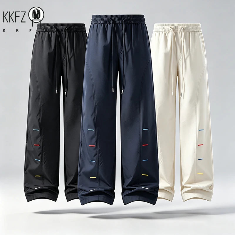 Relaxed Wide Leg Sport Pants For Men Elastic Waist Drawstring Detail Soft Smooth Fabric Casual Trousers For Daily Outing