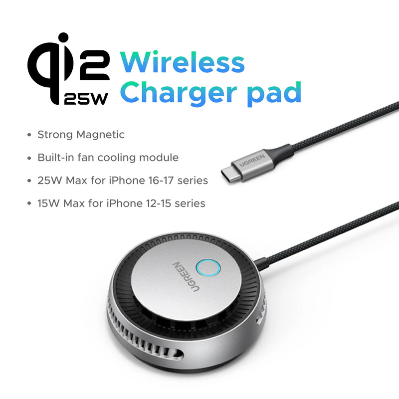 UGREEN MagFlow Pro Qi2.2 25W Magnetic Wireless Charger with Cooling Fan For iPhone 17 16 Pro Max TEC Cooling Charging Pad