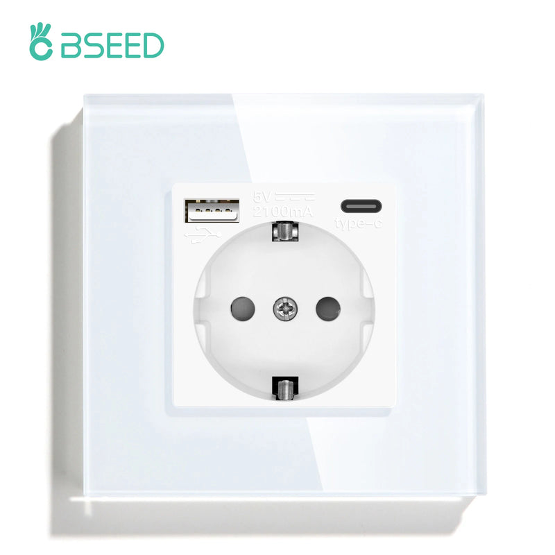 BSEED EU Double Wall Light Switches Touch Switch Wall Socket USB Type-C Charge Port Crystal Glass Panel Switch Blue Blacklight