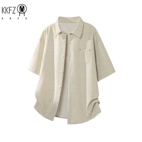 Mens Lapel Collar Short Sleeve Button Up Top Textured Linen Like Fabric Chest Pocket Relaxed Fit For Daily Commute Outfit