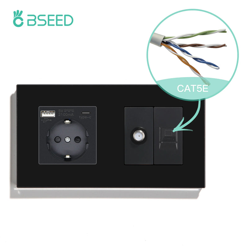 BSEED Double EU Standard Wall Plug 16A 100-250V With CAT5 Computer Network Power Sockt Satellite Antenna Outlet 157*86mm