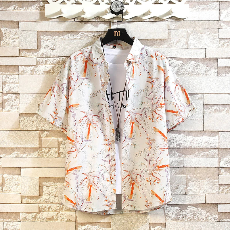 Summer Men's Short-sleeve White Printed Shirt, a Stylish and Casual Cotton Shirts, Available in Blue, Green, and Orange.