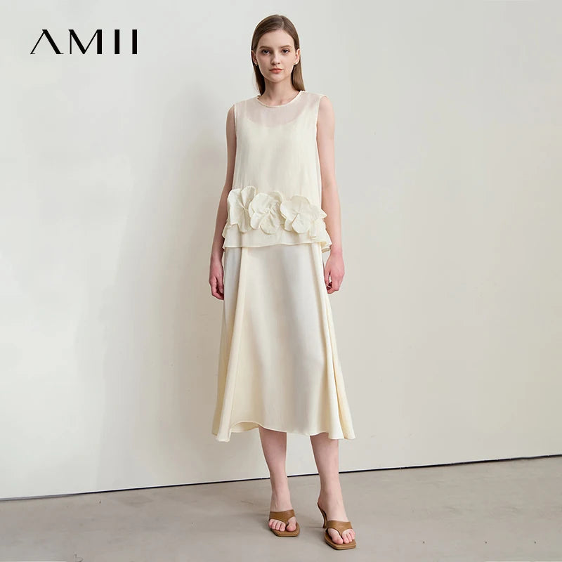 រ៉ូបទេពអប្សរវិស្សមកាល Amii Minimalist រដូវក្តៅឆ្នាំ ២០២៥ សម្លៀកបំពាក់នារីថ្មីសម្រាប់ការិយាល័យ សូត្ររាងអក្សរ A រាងគូប ផ្ការាងជារង្វង់ 12552030