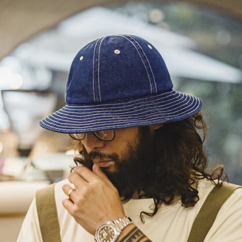 មួក Maden Vintage Denim Blue Bucket Hat មួកមូលមានគែមធំទូលាយសម្រាប់មួកអ្នកនេសាទ Unisex ដែលមានខ្យល់ចេញចូលបាន មួក Denim ធម្មតាសម្រាប់ក្រៅផ្ទះ