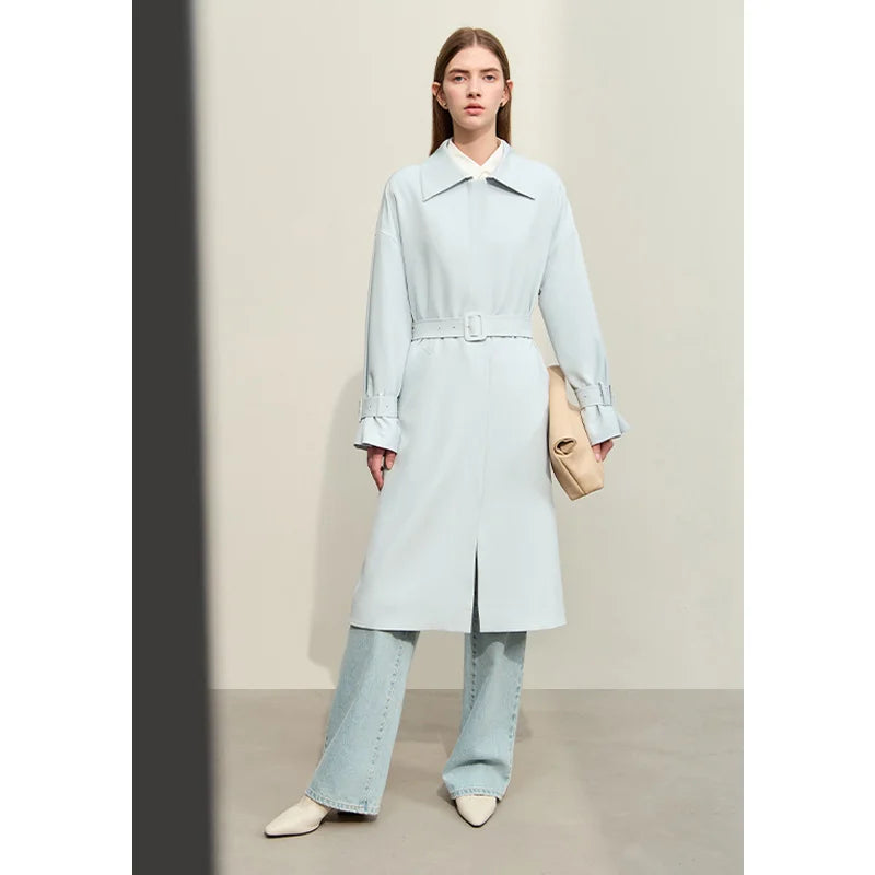 AMII Woman Minimalist Trench Coat 2026 Autumn New Belt Off-The-Shoulder Sleeves Long Solid Versatile Commuter Jacket 12441088