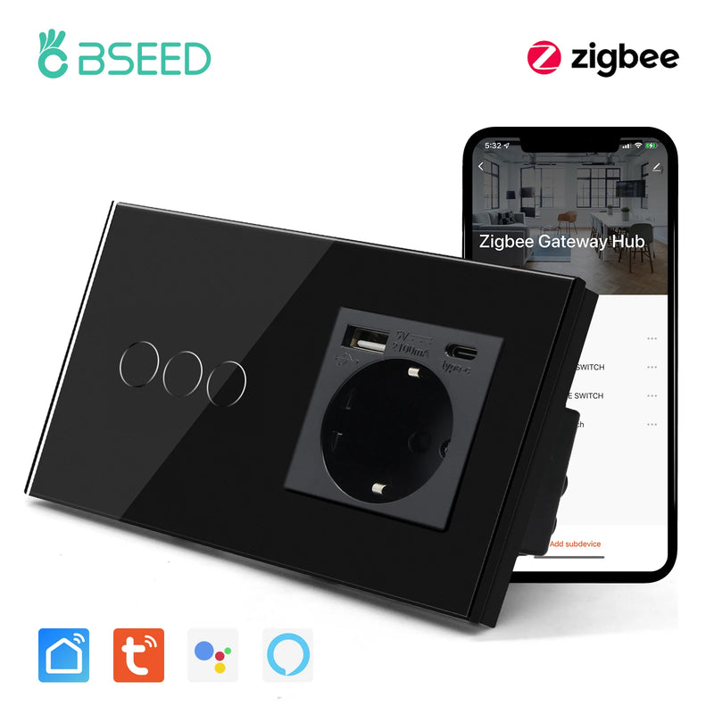 BSEED Zigbee Switch 1/2/3Gang Smart Sensor Switch Tuya Smart Life Control No Neutral Line With Normal EU Wall Socket