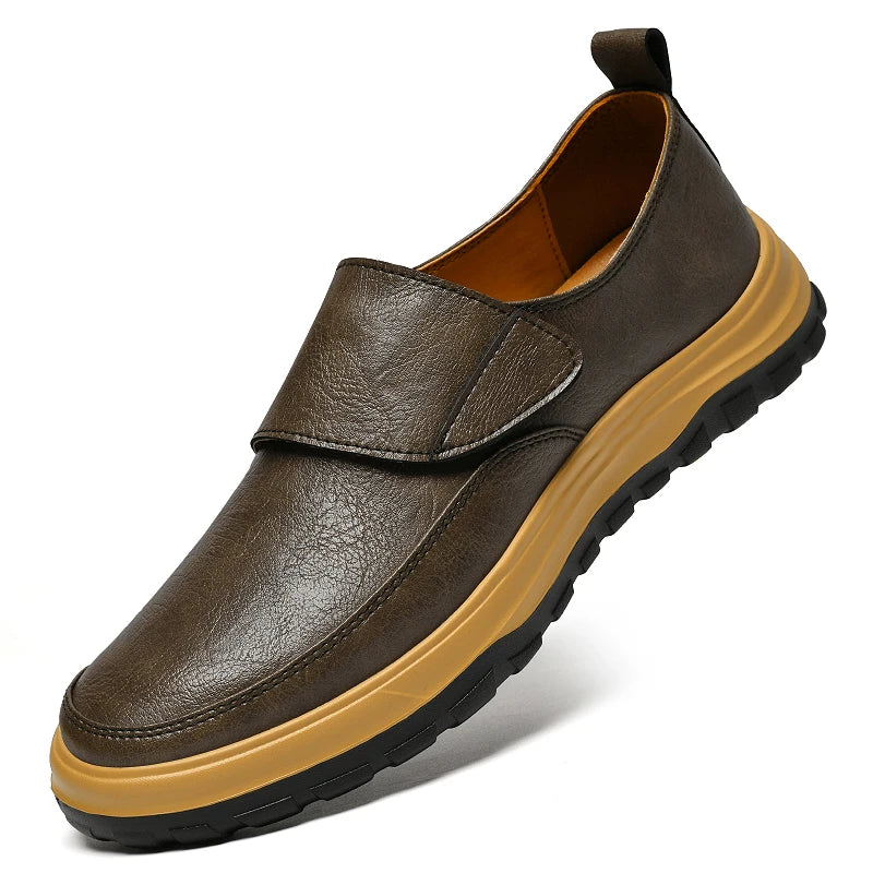 Men's Slip-On Casual Leather Loafers, Natural Leather Upper, Hook and Loop Strap, Black