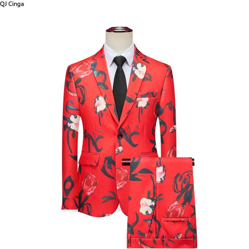 2026 New Men's Blue Printed Suit Set -Vibrant Blue&Colorful Print,Asian Sizes Two-Piece,Casual & Stylish Outfit for Daily Wear‌