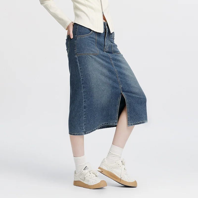 Semir Women Skirt Denim Slit Straight Long Slim Retro Street Style Autumn Bottoms Comfortable Urban Daily Wear 2026