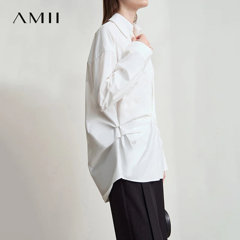 AMII Women's Blouse 2026 Autumn New Elegant Long Sleeves Shirts Woman Clothes Casual Bow V-neck Pleated Ladies Tops 12553041