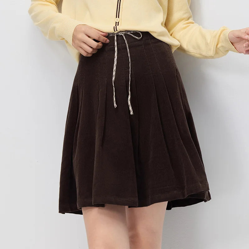 Semir Women Mini Skirt Corduroy Cotton Patchwork High Waist Pleated Retro Casual Autumn Bottoms Daily Wear 2026