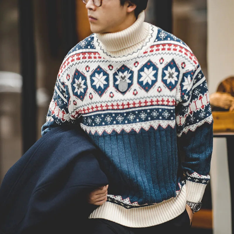 អាវយឺត Maden Vintage Fair Isle ប៉ាក់ពីក្រណាត់ក្តៅសម្រាប់បុណ្យណូអែល អាវយឺតក Turtleneck ប៉ាក់ពីក្រណាត់ក្តៅបែប Barn សម្រាប់រដូវរងារបស់បុរស