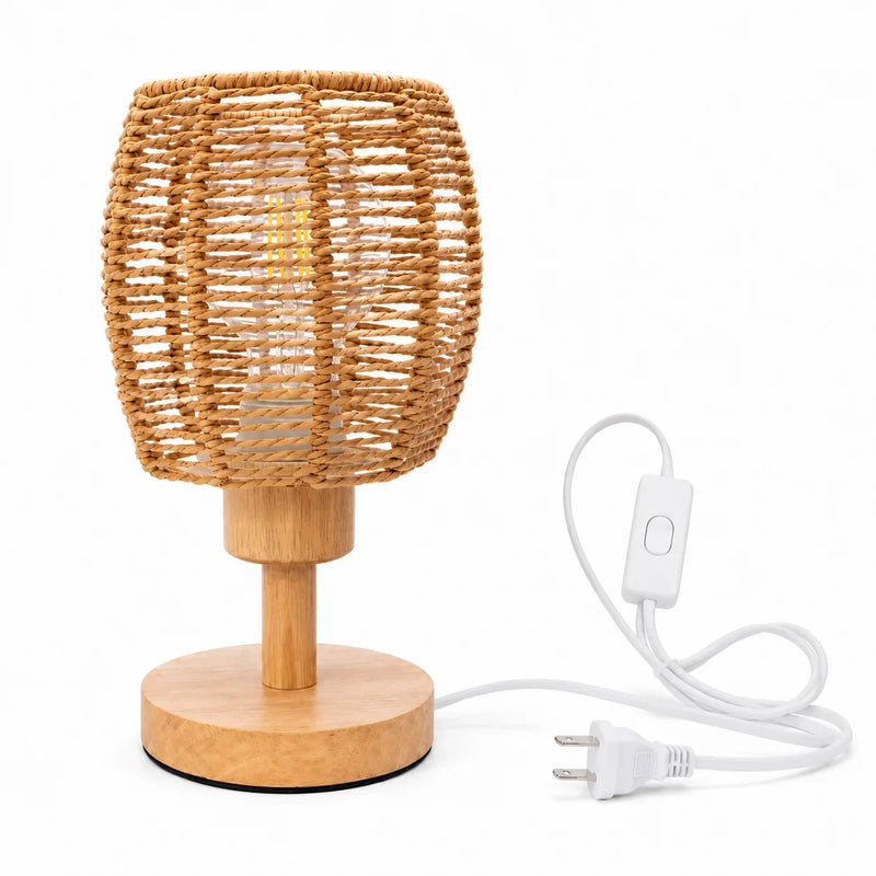 JOYINLED ED Bedside Lamp, Handwoven Rope Lampshade, E27 Solid Wood Base, Boho Decorative Lamp for Bedroom, Living Room, Hotel