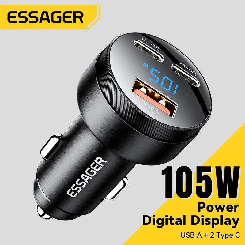 ឆ្នាំងសាករថយន្ត Essager 105W USB សាកលឿន 4.0 QC4.0 QC3.0 QC SCP PPS PD USB ប្រភេទ C សាកលឿនសម្រាប់ទូរស័ព្ទ iPhone 14 15 Xiaomi
