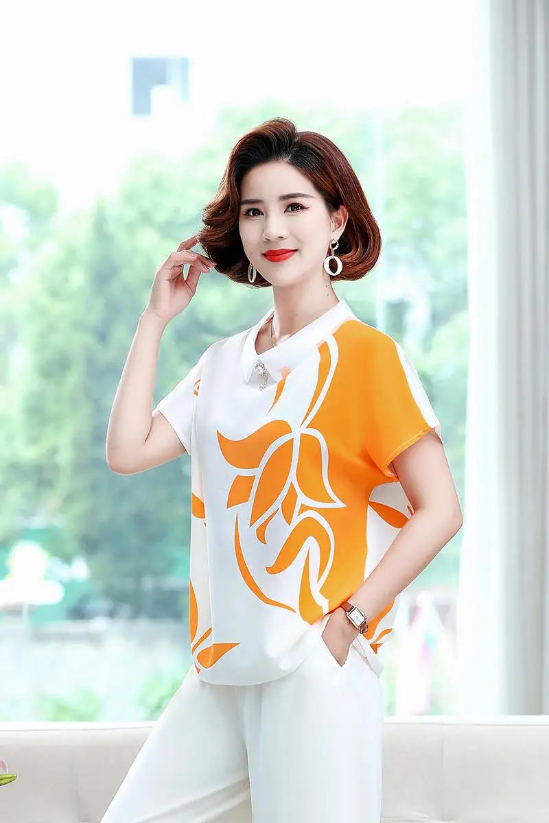 អាវ យឺត ដៃខ្លី បែប កូរ៉េ សម្រាប់ នារី បោះពុម្ព បូ អង្កាំ ឆើតឆាយ ធម្មតា រលុង អាវ Blusa Mujer រដូវក្ដៅ