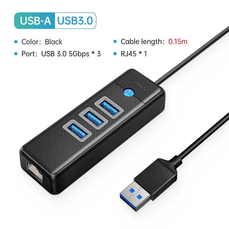 ORICO 3 Ports 5Gbps USB 3.0 RJ45 HUB 1000Mbps Ethernet Lan Adapter Gigabit Network Card For MacBook Laptop Computer Accessories