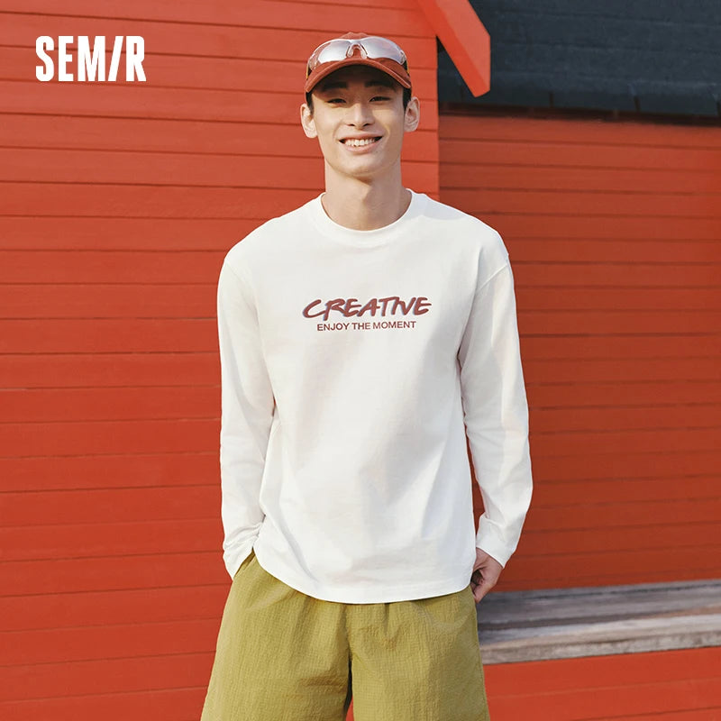 Semir Cotton Tshirt Men 2026 Spring Letter Print Crew Neck Couple Style Casual Black Basic Comfortable Inner Layer Top