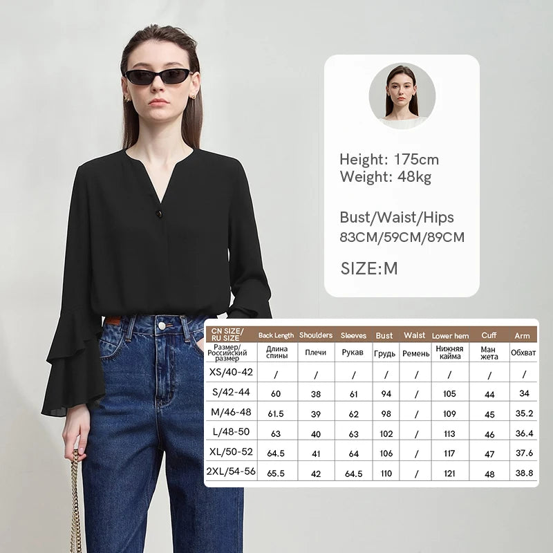 Amii Women's Autumn Blouse 2026 New Solid Color V-Neck Ruffle Double Layer Chiffon Top Loose French Style Elegant Shirt 12611024