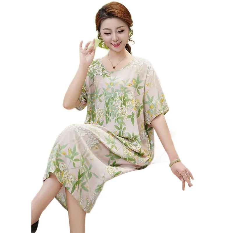 Summer New Middle-aged Elderly Mothers Nightgowns Loose Cotton Silk Dress Short-sleeved Floral Nightdress Loungewear Women