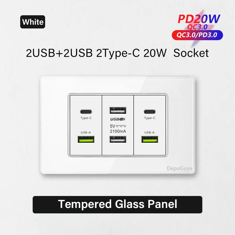 Type 118 White Black Grey Tempered Glass Wall Socket Panel 6 Charging port Triple USB Type C Wall Plug 3.1A 5V Outlet 118*75mm