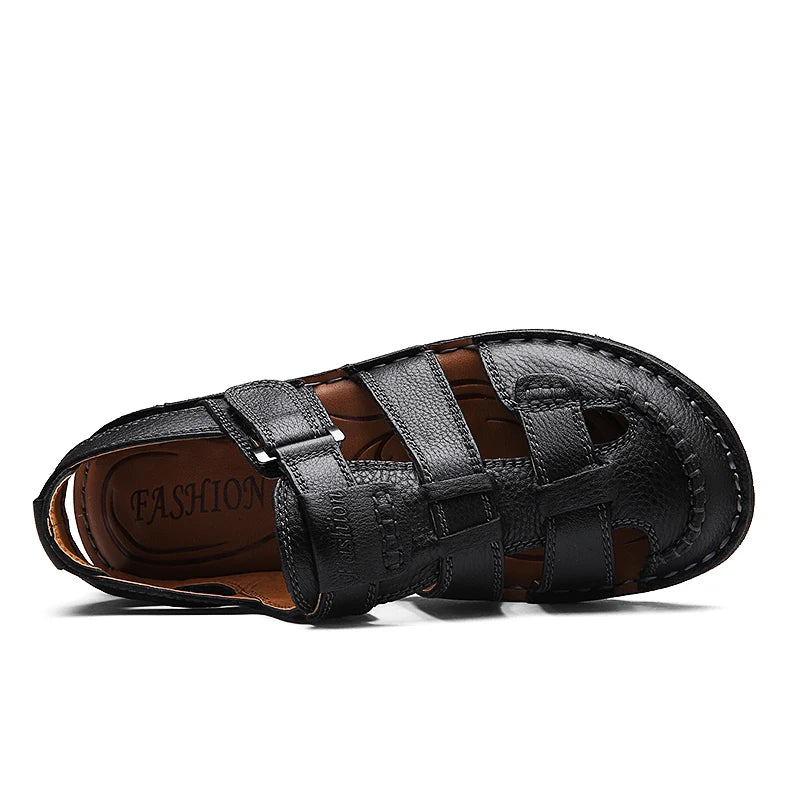 Summer Thick Sole Sandals Men Leather Toe Covered Sandals Black Brown Size 38-46 47 48 Dropshipping