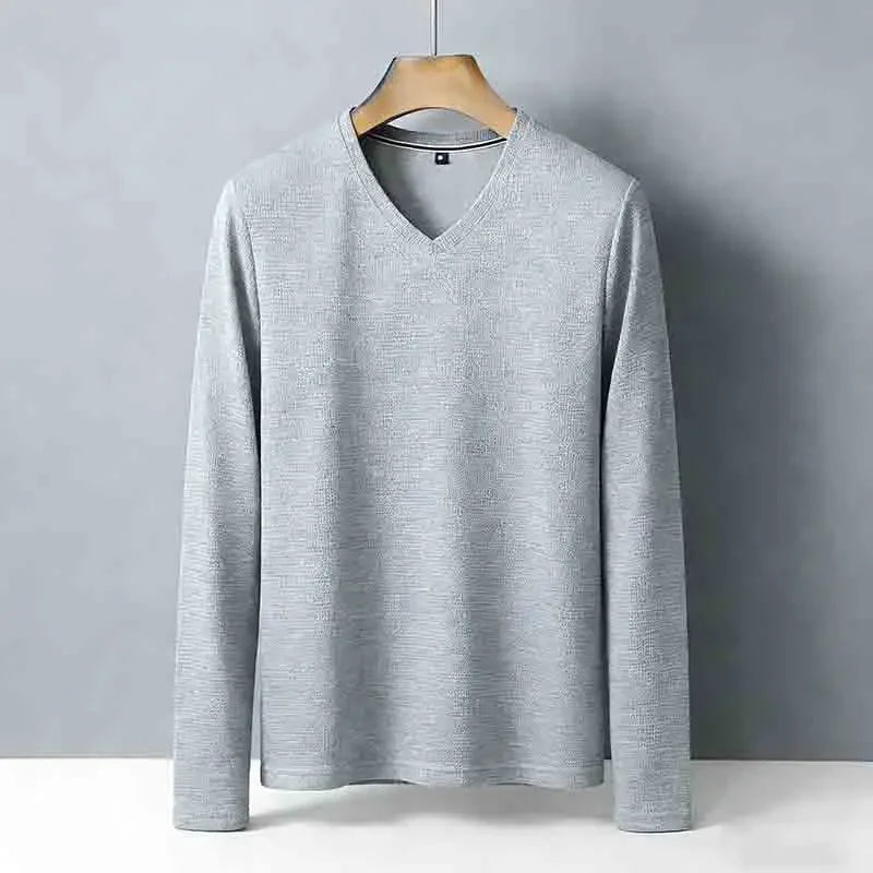 Men's Wrinkle-resistant Brown V-neck Long Sleeve T-shirt Easy Care Breathable Casual Top