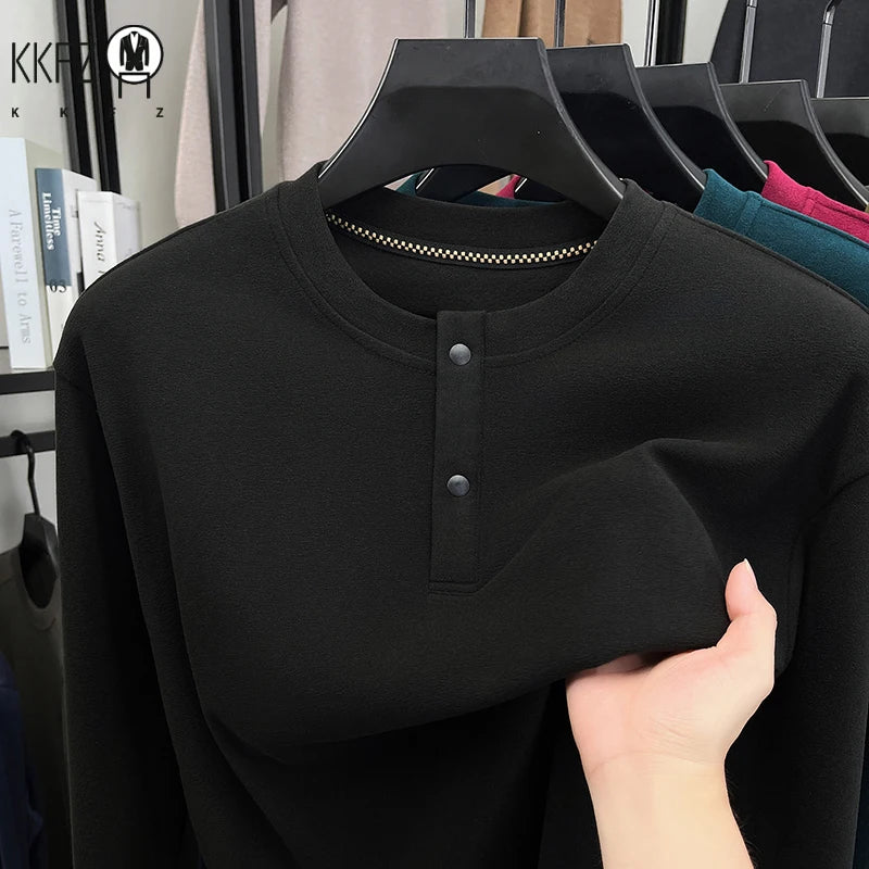 Male Comfort Henley Pullover Long Sleeve Thermal Fabric Two Button Front Breathable Travel Casual Garment