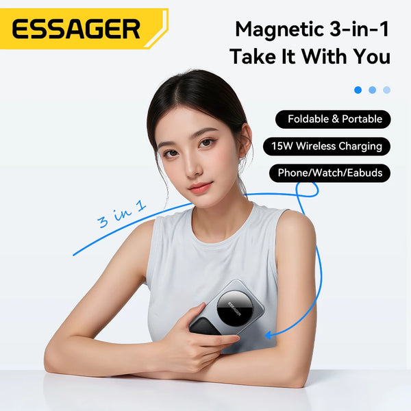 ESSAGER 15W 3-in-1 ស្ថានីយសាកថ្មឥតខ្សែម៉ាញេទិក អាចបត់បាន សម្រាប់ iPhone AirPods នាឡិកា ជើងទ្រទូរស័ព្ទ ឆ្នាំងសាកលឿន