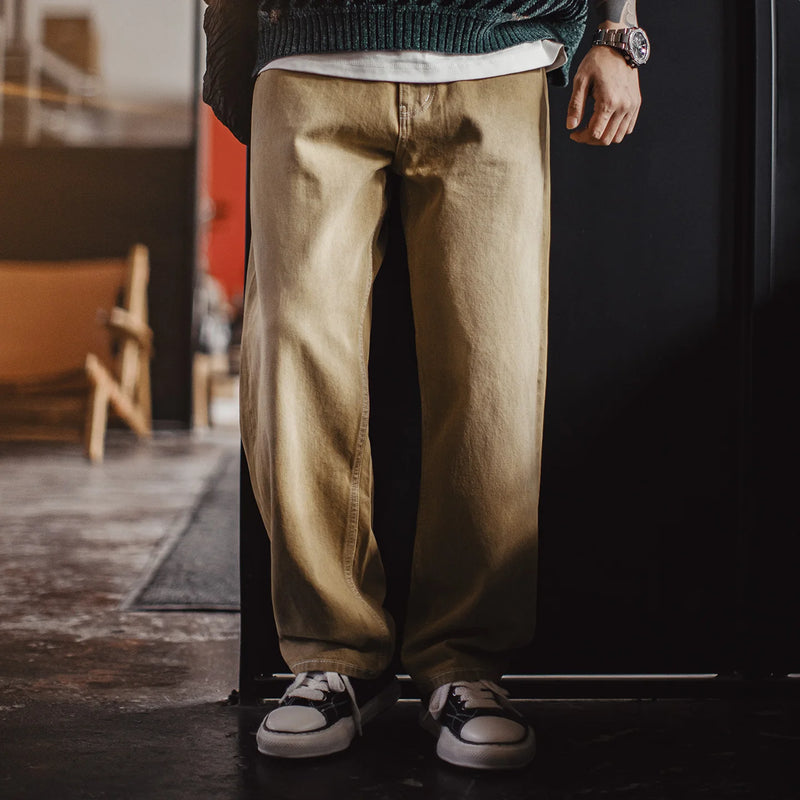 ខោខូវប៊យ Maden ទំហំ 13.8oz លាងសម្អាត Selvedge Denim សម្រាប់បុរស ខោ Khaki Chino ខោរលុងសម្រាប់រដូវផ្ការីក រដូវស្លឹកឈើជ្រុះ