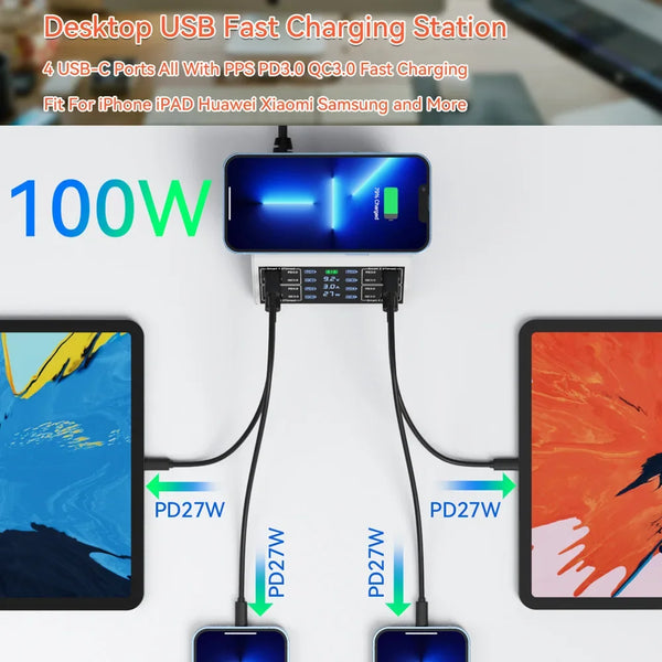 ឆ្នាំងសាកឥតខ្សែ 100W QC 3.0 USB ឆ្នាំងសាកឥតខ្សែ សាកលឿន PD USB C ឆ្នាំងសាកទូរស័ព្ទ គ្រឿងបន្លាស់ឆ្នាំងសាកលឿនសម្រាប់ iPhone 12 13 Xiaomi