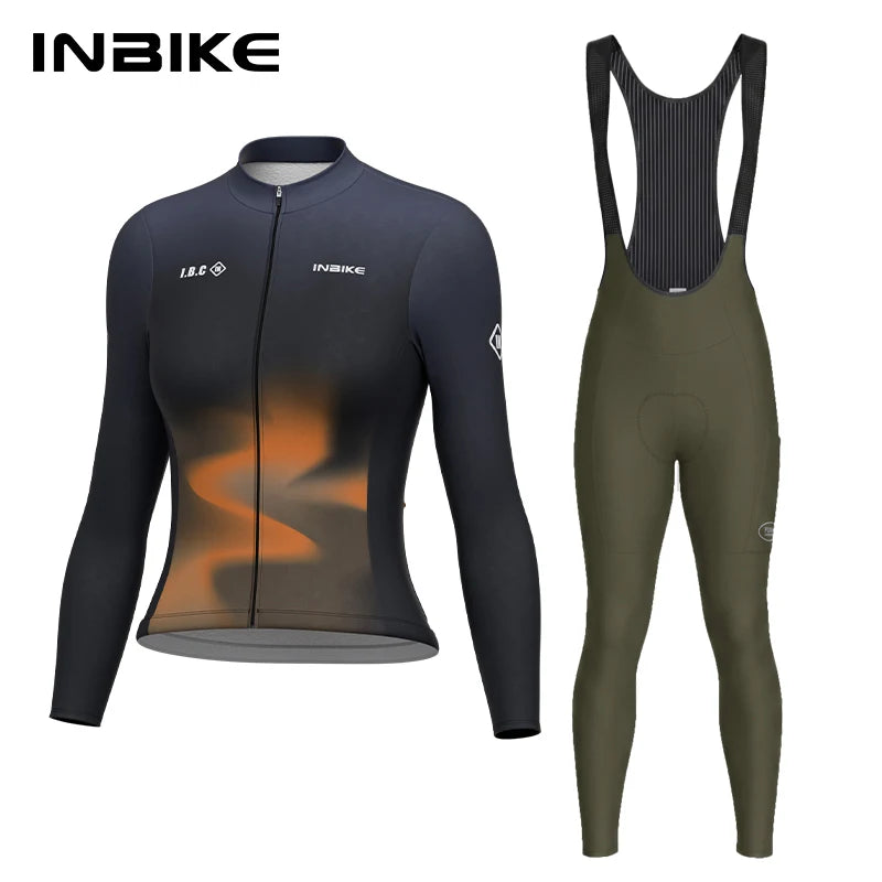 INBIKE Winter Long Fleece Cycle Jersey Set for Women Slim Thermal Long Sleeve Top Elastic Bib Pants Mountain Road Bike Clothing