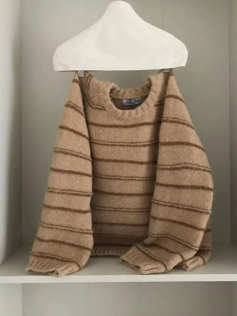 Korean Gentle Wind Round Neck Striped Pullover Sweater Women's Autumn Winter New Versatile Knitted Jumper Top Female Base Layer