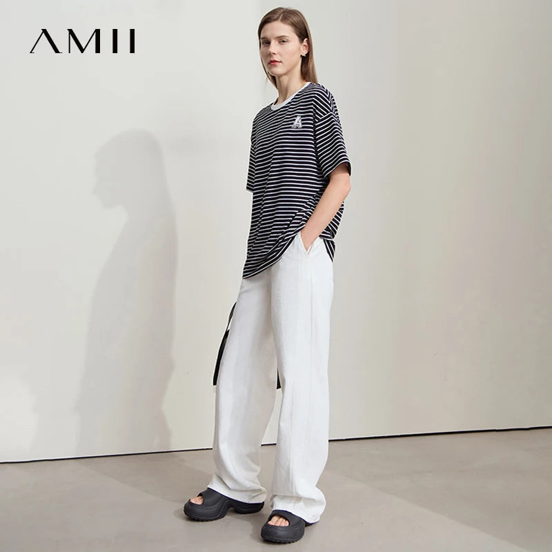 Amii 2026 Minimalist T-shirt Women Loose Elastic Striped Pure Cotton Dropped Shoulder Short Sleeves Printed Casual Tee 12522002