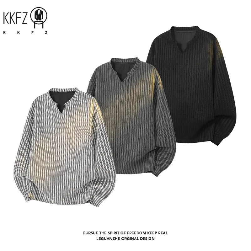 Male Relaxed Oversized V Notch Long Sleeve Top Houndstooth Knit Pattern Lightweight Fabric For Holiday Daily Styling