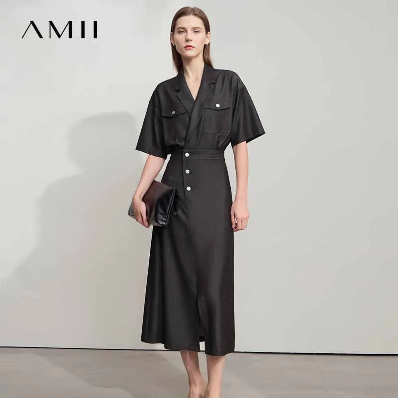 Amii Straight Dress Denim Women 2025 Summer Simple Short Sleeve Office Lady Jean Flip Neck Draped Cool Shirt Dress 12542067