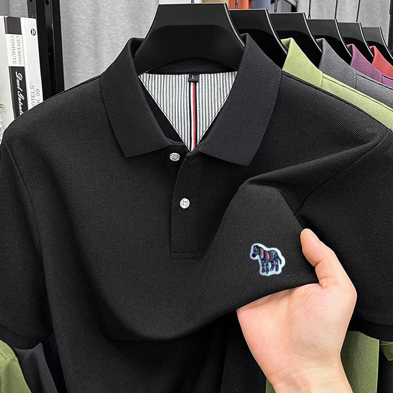 High Quality 100% Cotton Summer Man Short-Sleeved Polo Shirt Lapel Button Slit Hem Zebra Embroidery Snug Ventilate Men'sClothing