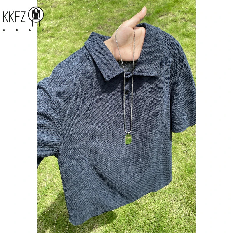 Men Waffle Knit Polo Short Sleeve Shirt Lapel Collar Partial Button Placket Oversized Silhouette For Summer Daily Street Wear