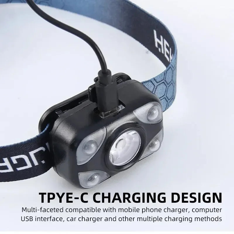 ភ្លើងមុខ LED ភ្លើងពិលអាំងឌុចស្យុង ចង្កៀងនេសាទដែលអាចសាកបាន គាំទ្រពន្លឺពណ៌ស ភ្លើងឡើងភ្នំសង្គ្រោះបន្ទាន់ស្រាលបំផុត