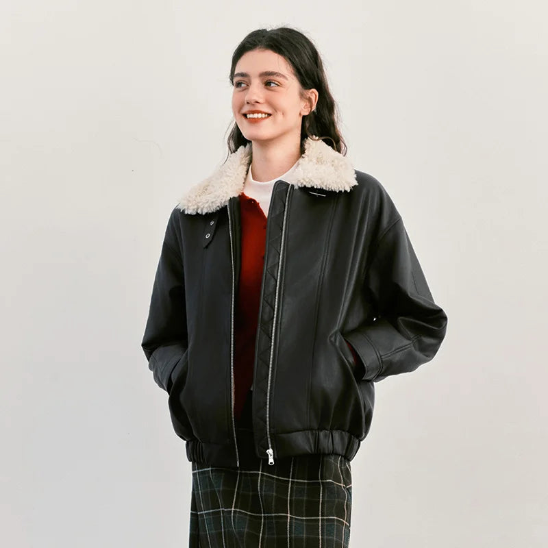Semir Women Jacket PU Faux Leather Faux Shearling Panelled Design Turn Down Collar Oversized Fit Urban Casual Style 2026 Winter