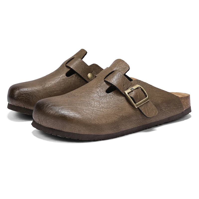 Comfort Cork Leather Slippers for Unisex Men Women Slip on Half Shoes Sandals Closed Toe Backless Health Footbed Slides Fashion