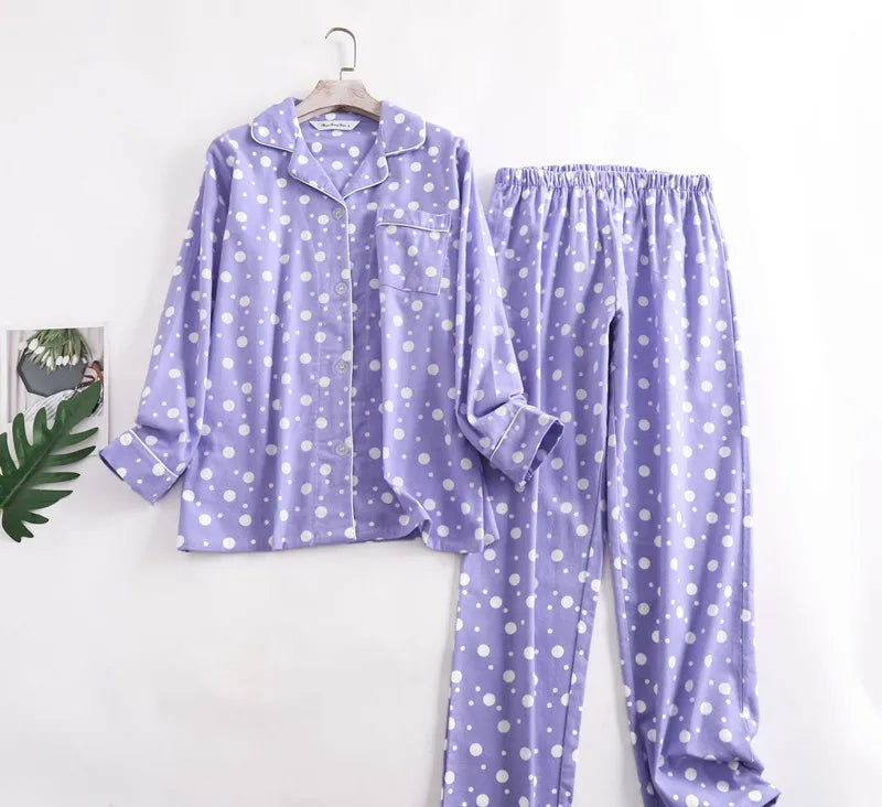 Casual Polka Dot Women's Pajamas Set Lapel Long Sleeve Shirt Pant Suit Spring Autumn Sleepwear Pyjamas Femme Home Wear Clothes