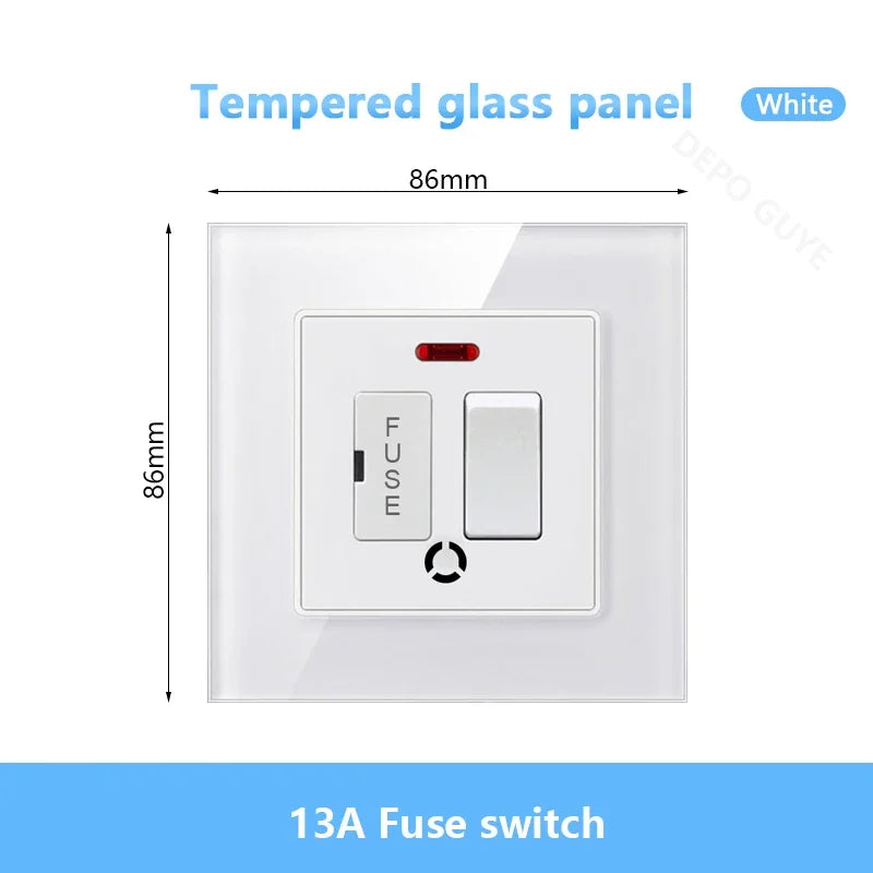 86 Type UK 13A Switch With Fuse Electrical Switch Light Spurs Neon Black White Grey Tempered glass Fuse 13A Wall Switch Panel
