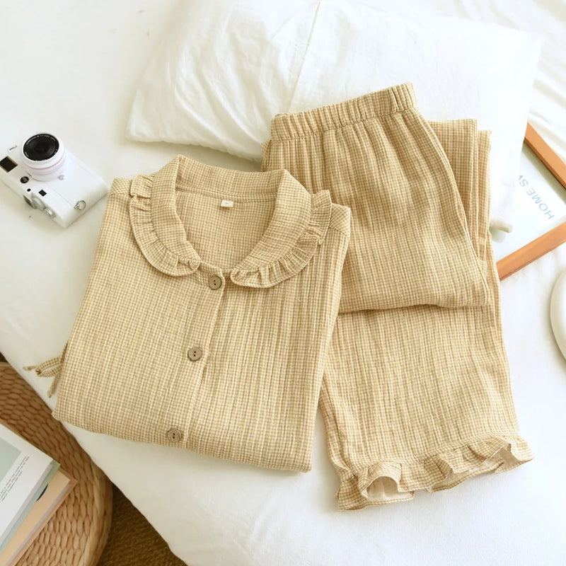 Pure Cotton Plaid Long-Sleeved Pyjamas Women's Loungewear Suit Spring Autumn Home Clothes Comfortable Sleepwear Soft Pajamas