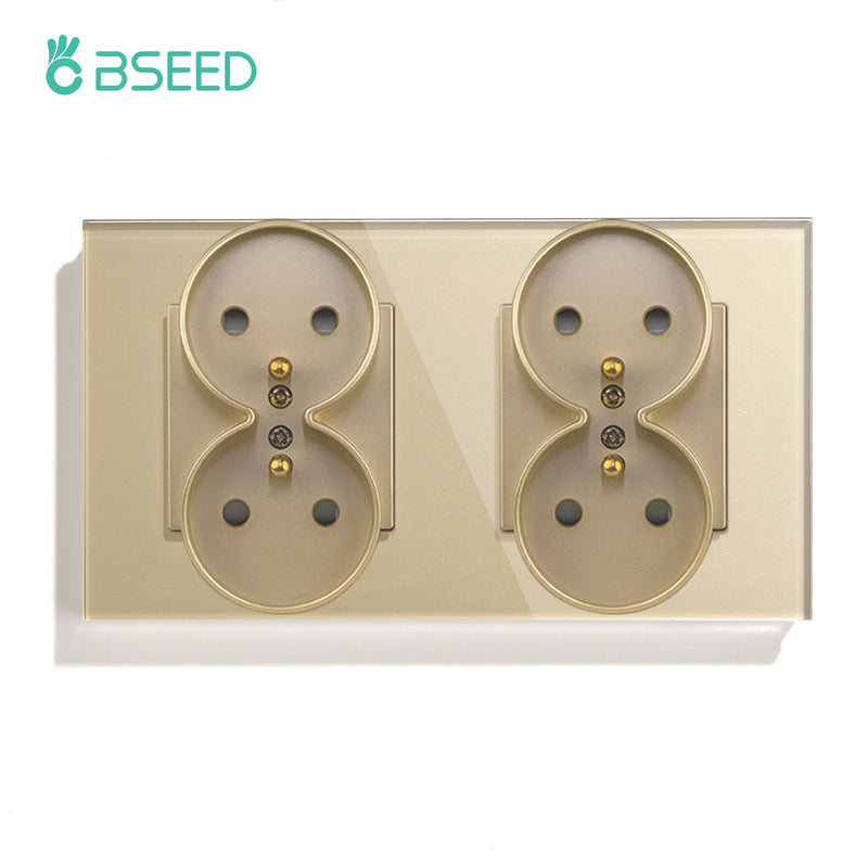BSEED French Standard Single Wall Power Sockets Double Sockets Dual Electrical Outlets Glass Panel Children Protection 16A