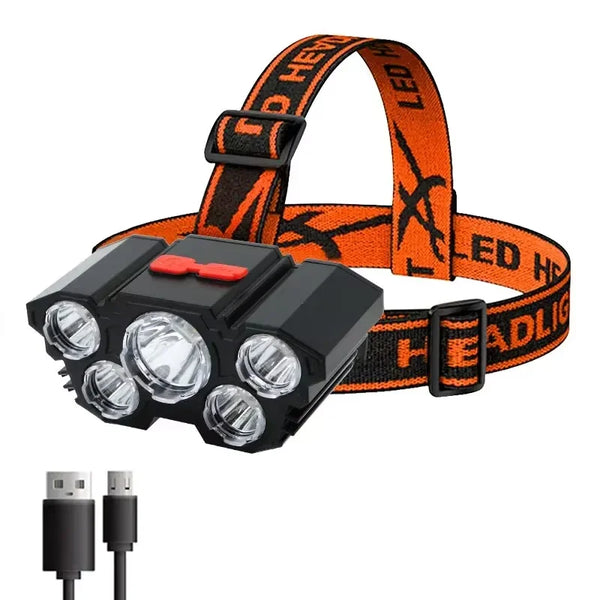 ភ្លើងពិល LED 5 គ្រាប់ អាចសាកបាន ជាមួយថ្ម 14500 ភ្ជាប់មកស្រាប់ ពន្លឺខ្លាំង សម្រាប់បោះតង់ ផ្សងព្រេង នេសាទ ភ្លើងមុខ